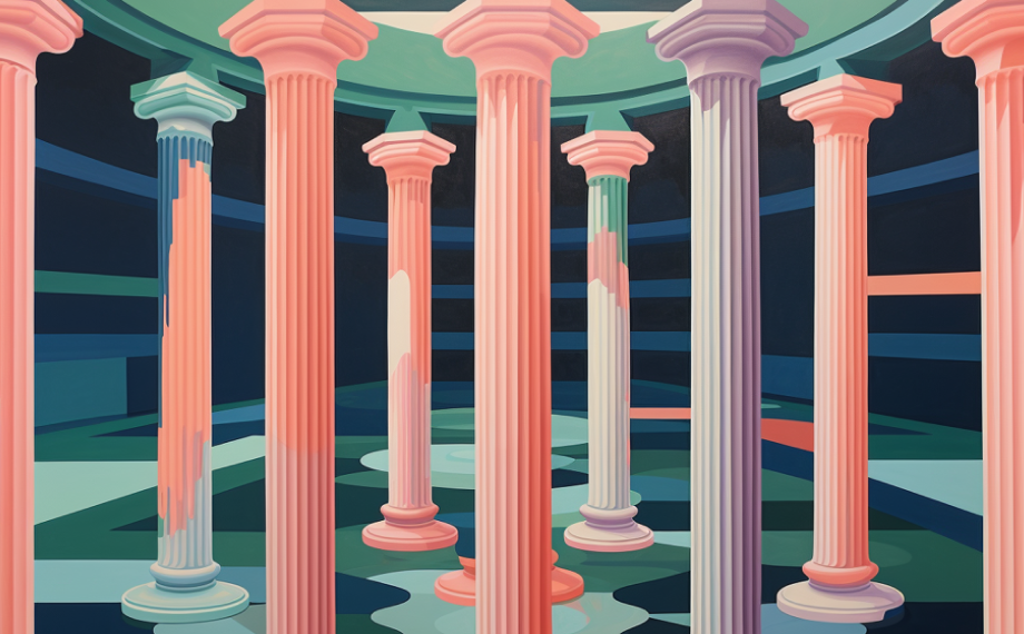 A digital artwork depicts a circular hall with tall, classical columns in pastel shades of pink, blue, peach, and purple, set against a geometric patterned floor and shadowy, curved walls.