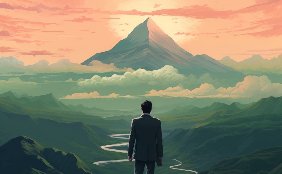 A person in a suit stands on a hilltop, gazing at a tall, pointed mountain in the distance under a colorful sky, with a winding river and rolling green hills below.