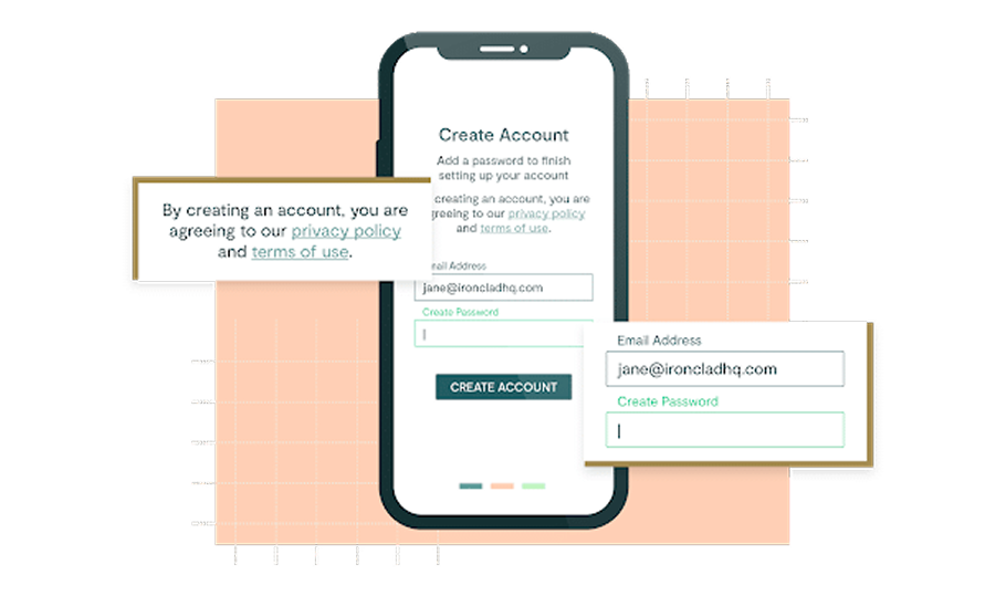 A smartphone screen displays a Create Account form asking for email and password, with pop-up boxes showing fields for email, password, and a privacy policy agreement—an example of what is a clickwrap agreement.