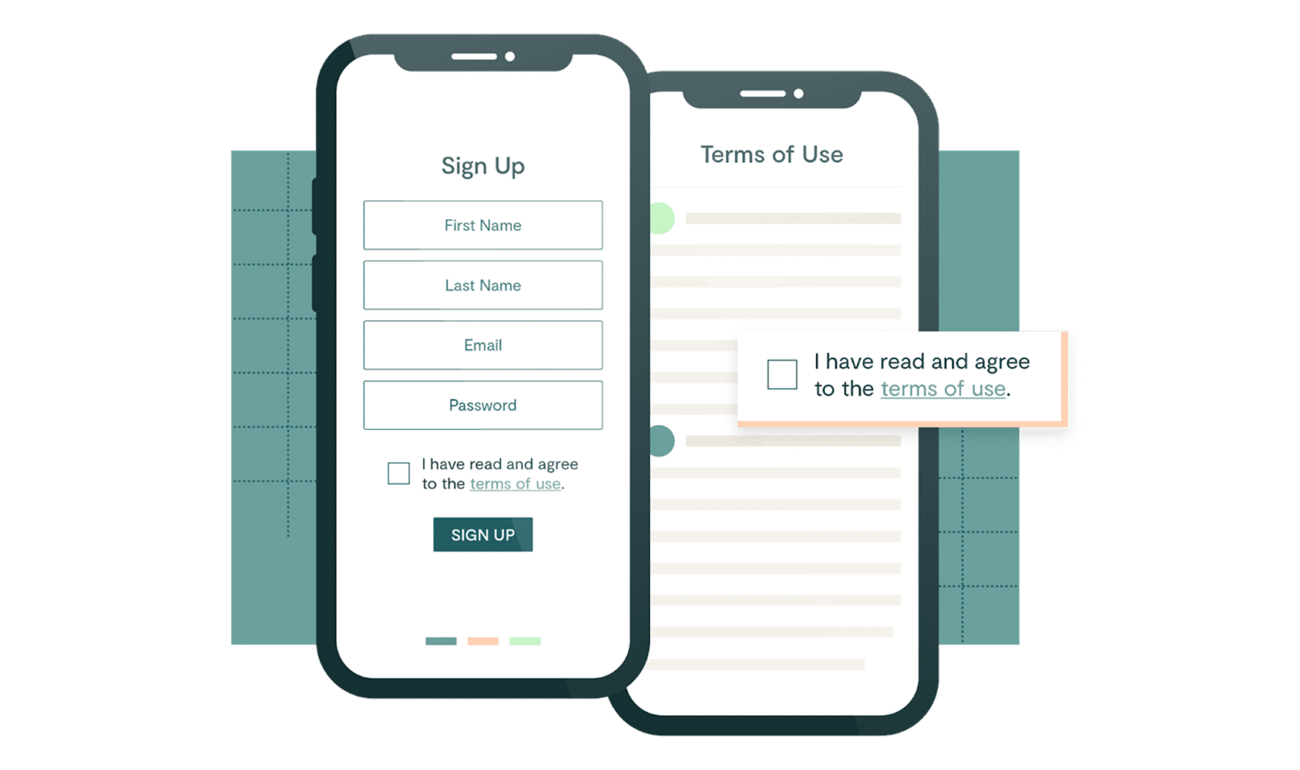 Two smartphone screens display a sign-up form and a Terms of Use agreement, with a pop-up highlighting the checkbox—a classic example of what is a clickwrap agreement, requiring users to agree before proceeding.