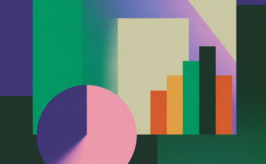 Abstract illustration featuring a pink pie chart and a multicolored bar graph with green, orange, yellow, and black bars, set against a background of geometric shapes in green and purple tones.