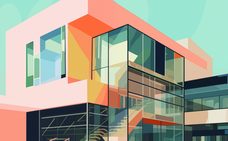 A colorful, modern building with large glass windows, sharp angles, and a prominent upper floor. The design features bold geometric shapes and pastel shades of pink, orange, yellow, and blue.