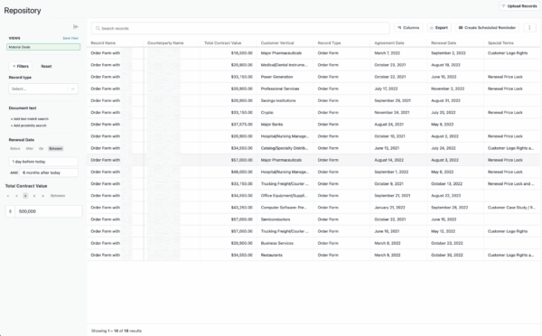 A software dashboard displays a repository table with columns for agreement details, customer names, contract values, dates, and digital signatures. Filters and search options are on the left, with records listed in rows on a white background.