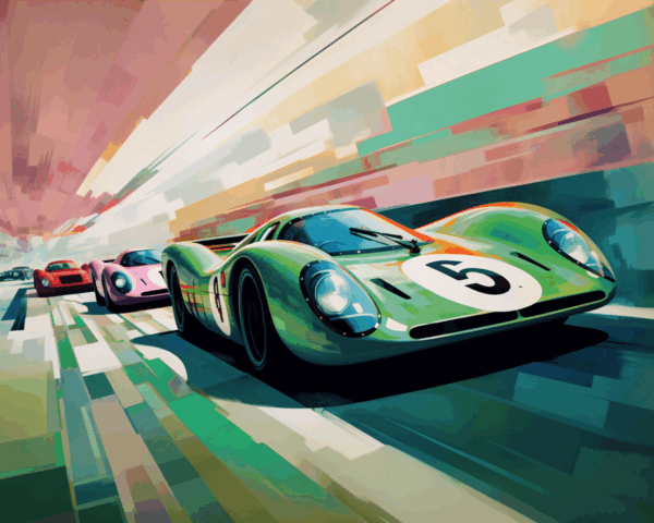 A stylized, dynamic painting—created with generative AI—shows vintage race cars speeding on a track. The lead green car, number 5, is chased by pink and red cars. Bold colors and motion lines evoke high speed and excitement.