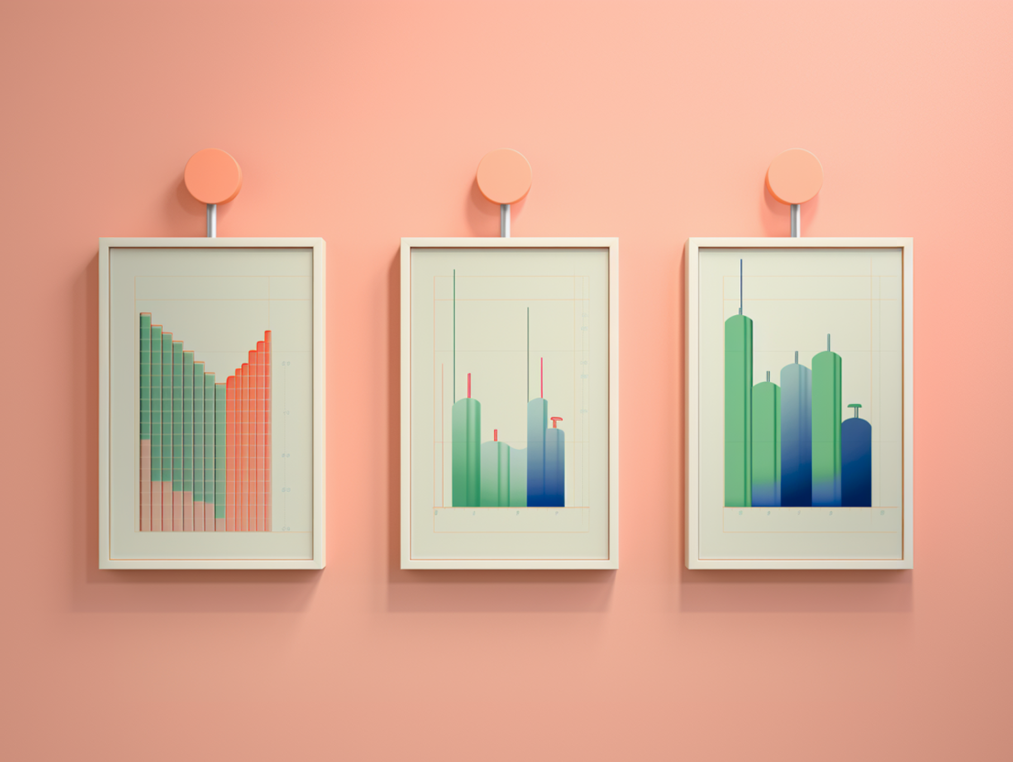 Three framed bar charts with varied green, blue, and red bars—each representing legal metrics—hang on a pink wall, suspended by hooks with round pink caps for a minimalist and modern display.