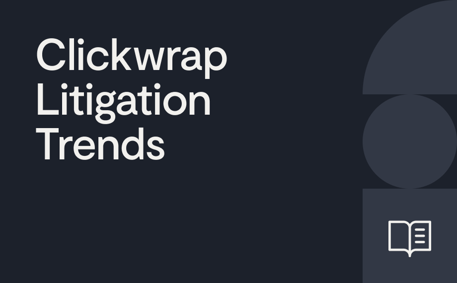 White text on a dark background reads Clickwrap Litigation Trends. In the bottom right corner, there is a white icon of an open book and minimalist geometric shapes.