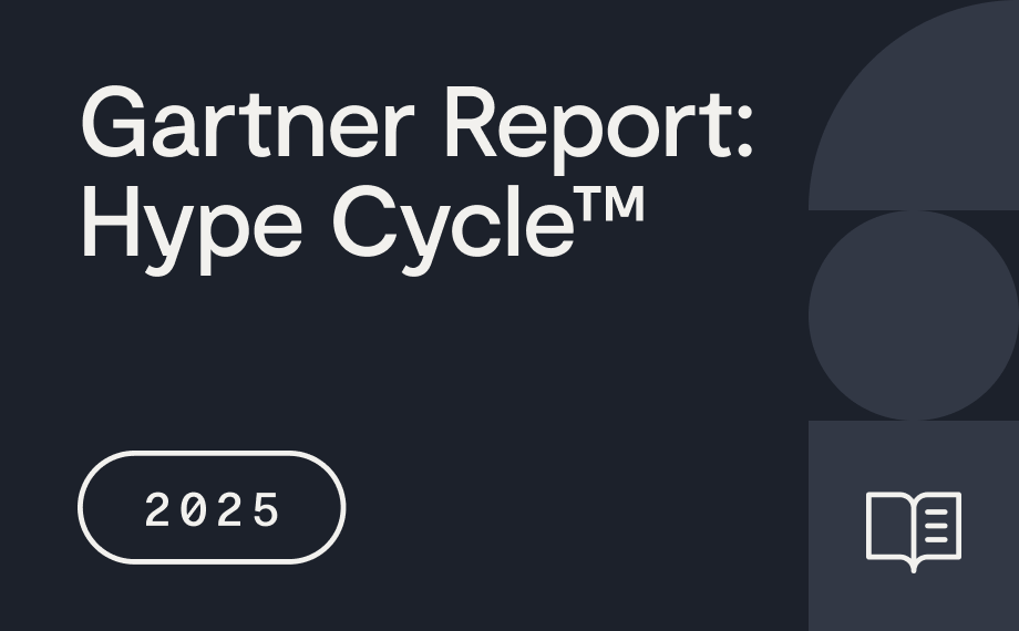 Dark graphic with the text Gartner Report: Hype Cycle™, a 2025 label in a rounded box, and an open book icon in the bottom right corner. Geometric shapes accent the background.