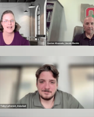 A virtual meeting with three participants: a woman in a purple shirt, a man with a short haircut labeled “Gaston Alvarado, Lincoln Electric,” and another man labeled “Toby Laforest, Ironclad.”.