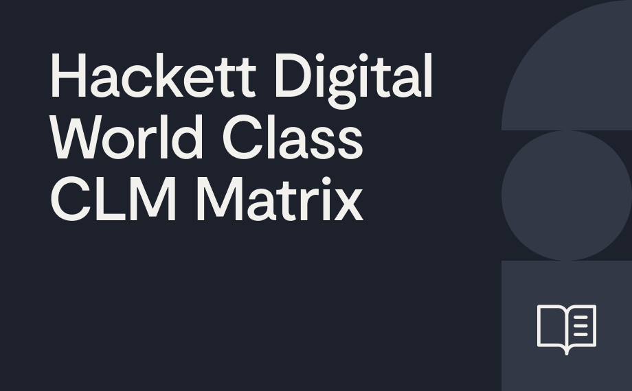 White text on a dark background reads Hackett Digital World Class CLM Matrix powered by AI. Geometric shapes are on the right, with an open book icon in the lower corner.