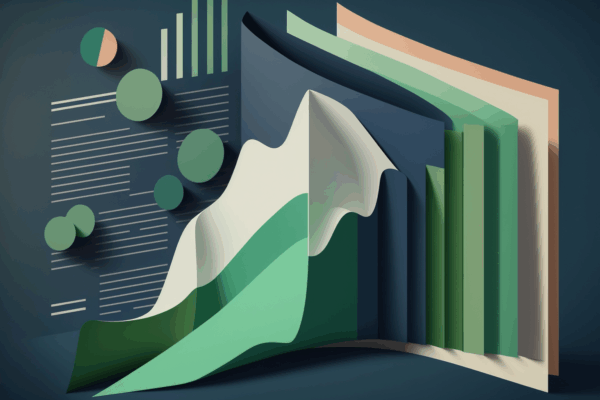 AI generated image of abstract graphs and files in navy, green, white, and tan