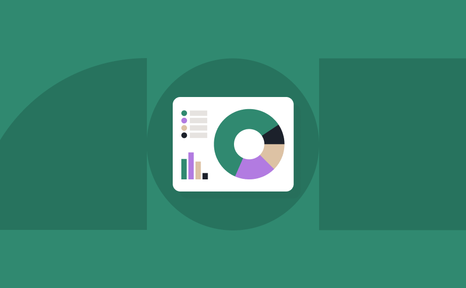 A simplified illustration of a dashboard featuring a pie chart and bar graph on a white card, set against a green background with abstract shapes.