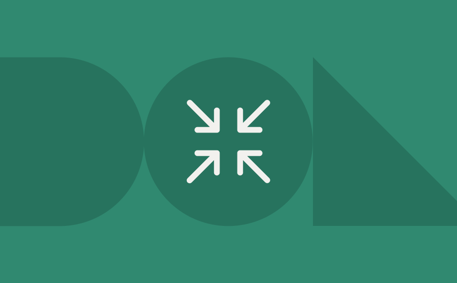 Green graphic with the word DON in abstract shapes: a circle for D, a square with inward-pointing arrows for O, and a triangle for N, all on a solid green background.