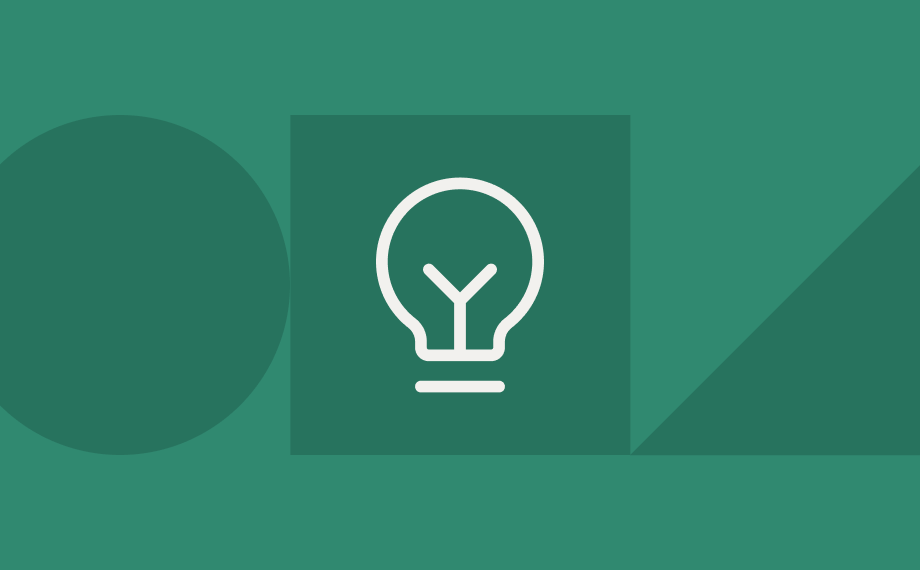 A minimalist graphic features a white lightbulb icon inside a square, with a large circle on the left and a right triangle on the right, all in various shades of green.