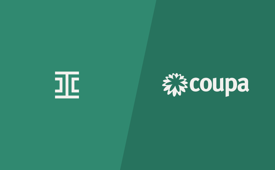 A green background with two logos: on the left, a white geometric symbol; on the right, a white daisy-like flower followed by the word coupa in lowercase letters.