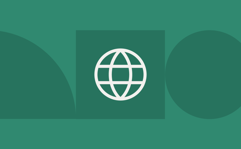 A white globe icon is centered on a green background with geometric shapes, including a dark green semi-circle on the left and a circle on the right.