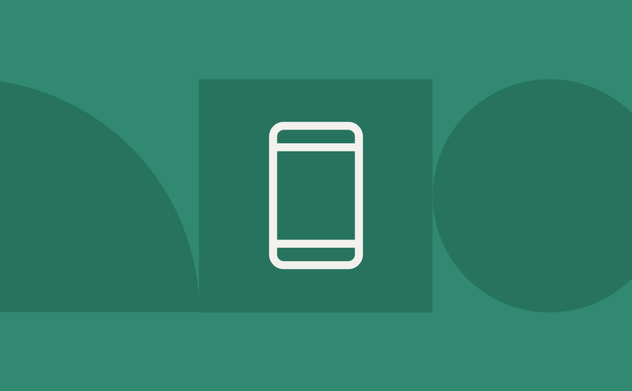 A simple white smartphone icon centered on a dark green square, set against a green background with abstract shapes, including a large half-circle on the left and a large circle on the right.