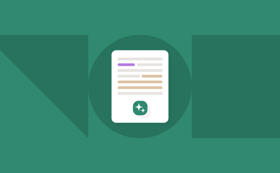 A stylized illustration of a document with colored lines and a star badge, centered on a green background with abstract geometric shapes.