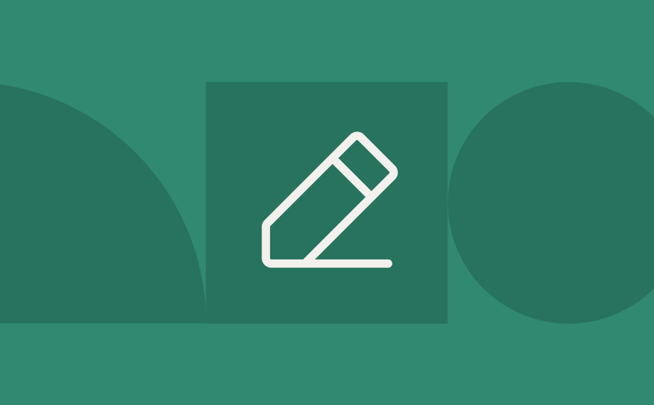 A minimalist graphic features a white pencil icon centered on a dark green square, set against a green background with a large semicircle on the left and a full circle on the right.