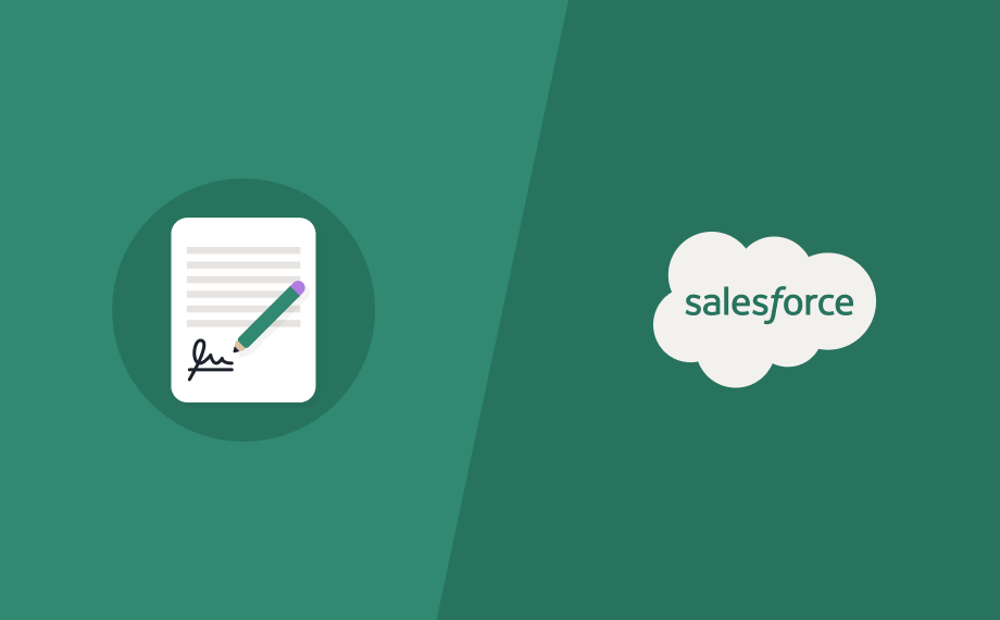 A graphic shows a paper with a signature and pencil icon on the left, and the Salesforce logo in a white cloud shape on the right, both on a green background.