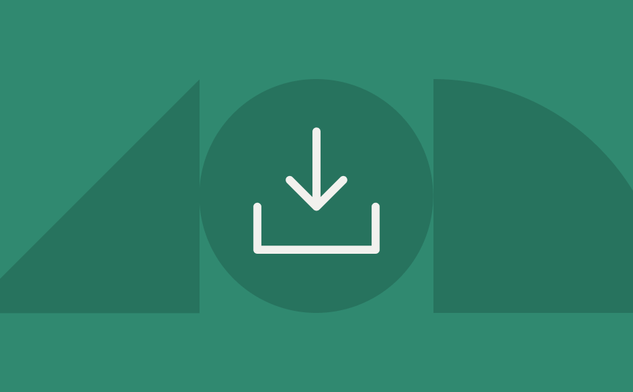 A white download icon with an arrow pointing down into a tray, centered within a green circle, flanked by abstract green shapes on both sides.