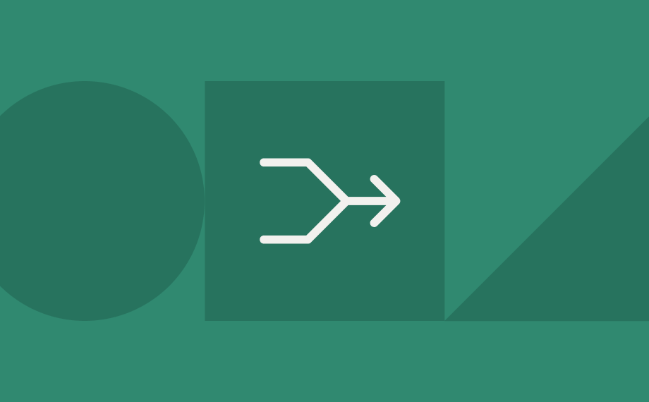 A minimal graphic with a green background features a white forked arrow pointing right inside a square. To the left is a partial dark green circle, and to the right is a dark green triangle.