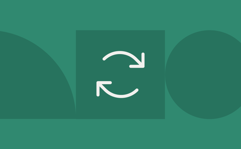 White refresh or sync icon with two curved arrows in a circular motion, centered on a green square background with geometric shapes in lighter and darker green shades.