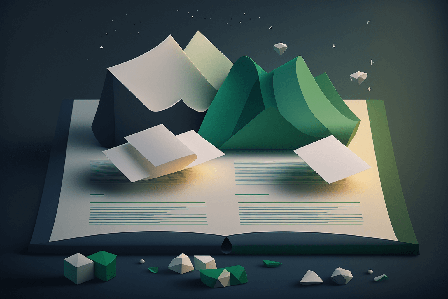 An open book with 3D mountain shapes, papers, and geometric blocks rising from its pages, symbolizing exploration and creativity—where even concepts like AI for legal innovation come to life. The dark background glows with small stars.