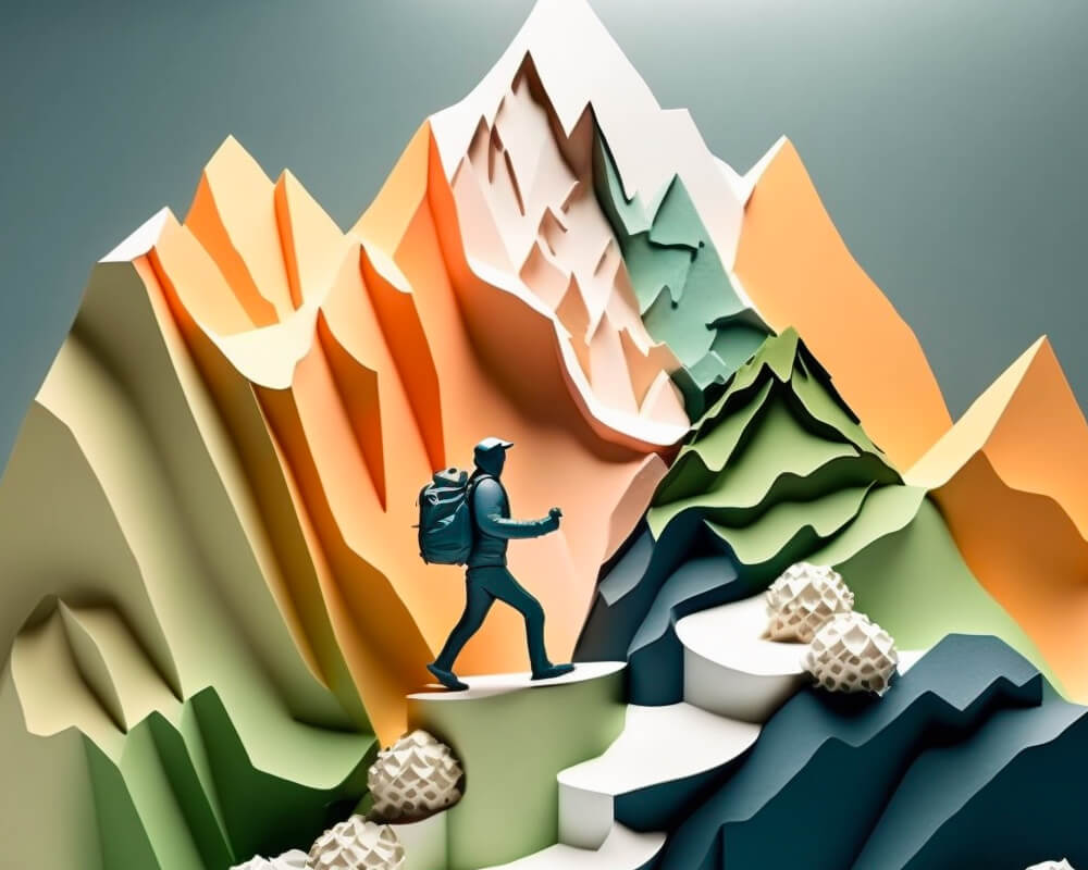 A person with a backpack hikes up stylized, colorful paper-cut mountains—suggesting the journey of clm implementation—across rocky terrain, all under soft lighting.