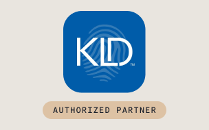 Blue square logo with “KLD” in white letters over a fingerprint graphic. Below the logo, a beige rounded rectangle displays the words “AUTHORIZED PARTNER” in uppercase black letters.