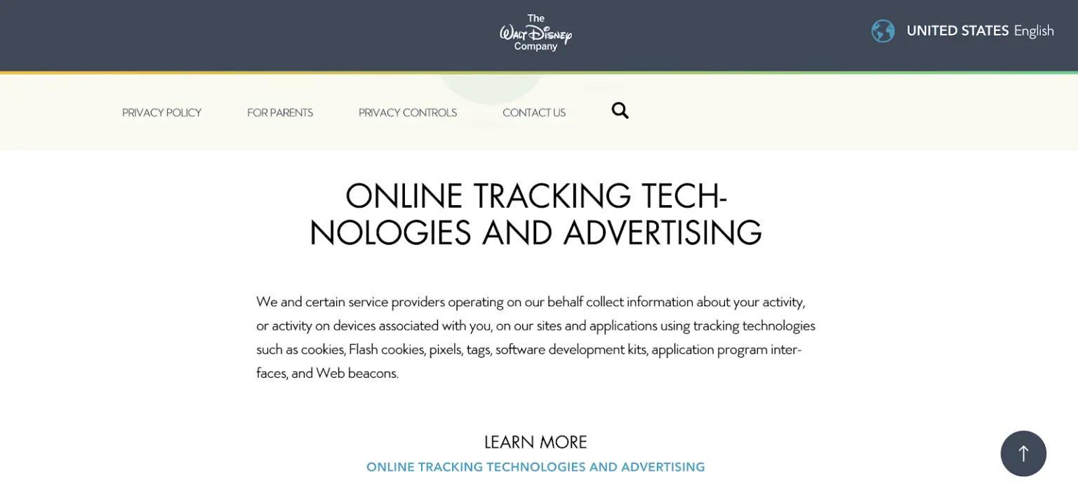 Screenshot of The Walt Disney Company’s privacy webpage explaining online tracking technologies—one of the best privacy policy examples—with links to “FOR PARENTS,” “PRIVACY CONTROLS,” “CONTACT US,” and “LEARN MORE” about tracking technologies.