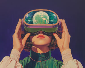 A woman wearing a futuristic headset that displays an image of the Earth, suggesting she is experiencing virtual or augmented reality. Her hands are adjusting the headset, and she has short hair and red lipstick.