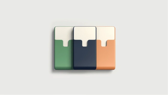 Three rectangular cardholders in green, navy blue, and orange, each with a white top section and a curved notch in the middle, are arranged side by side against a plain light background, offering an organized look as an Agiloft alternative.