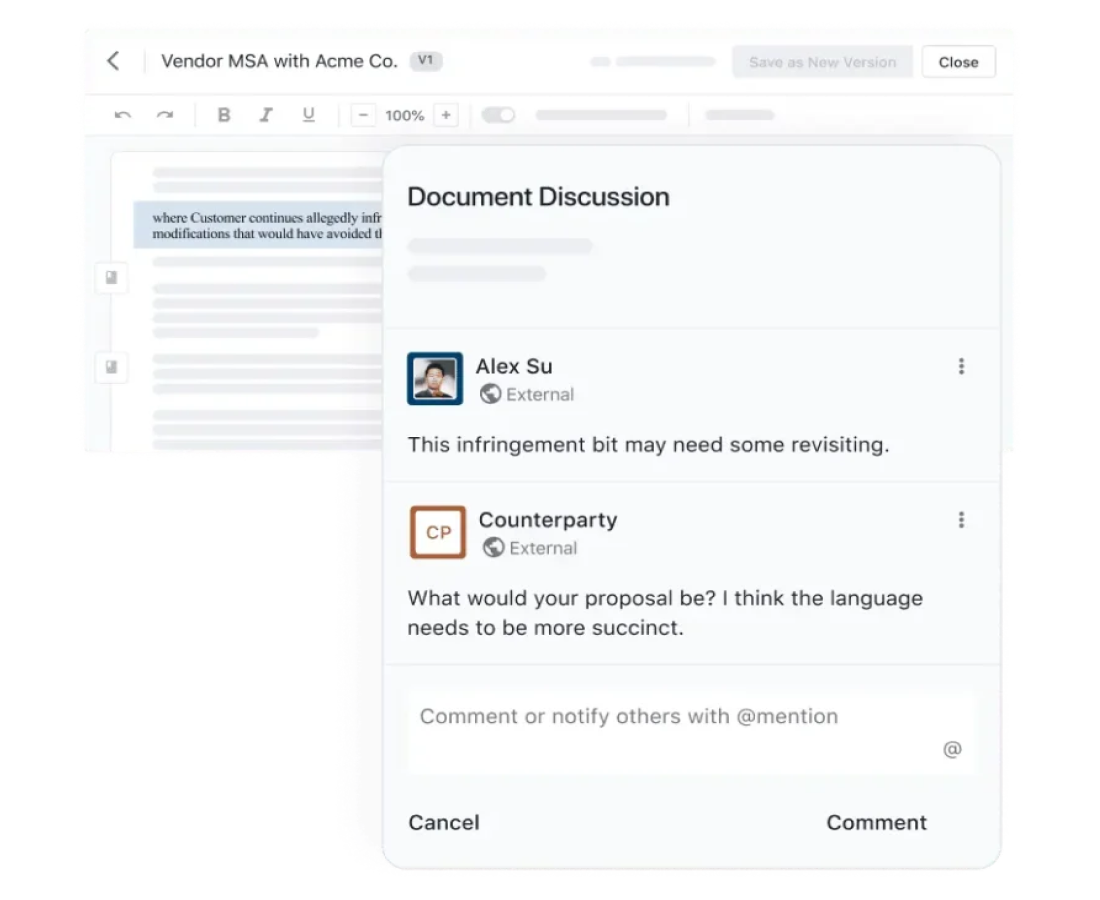 A document discussion panel, similar to a DocuSign alternative, displays comments between Alex Su and Counterparty about revisiting infringement language to make it more succinct. The panel also allows users to comment or mention others for collaboration.