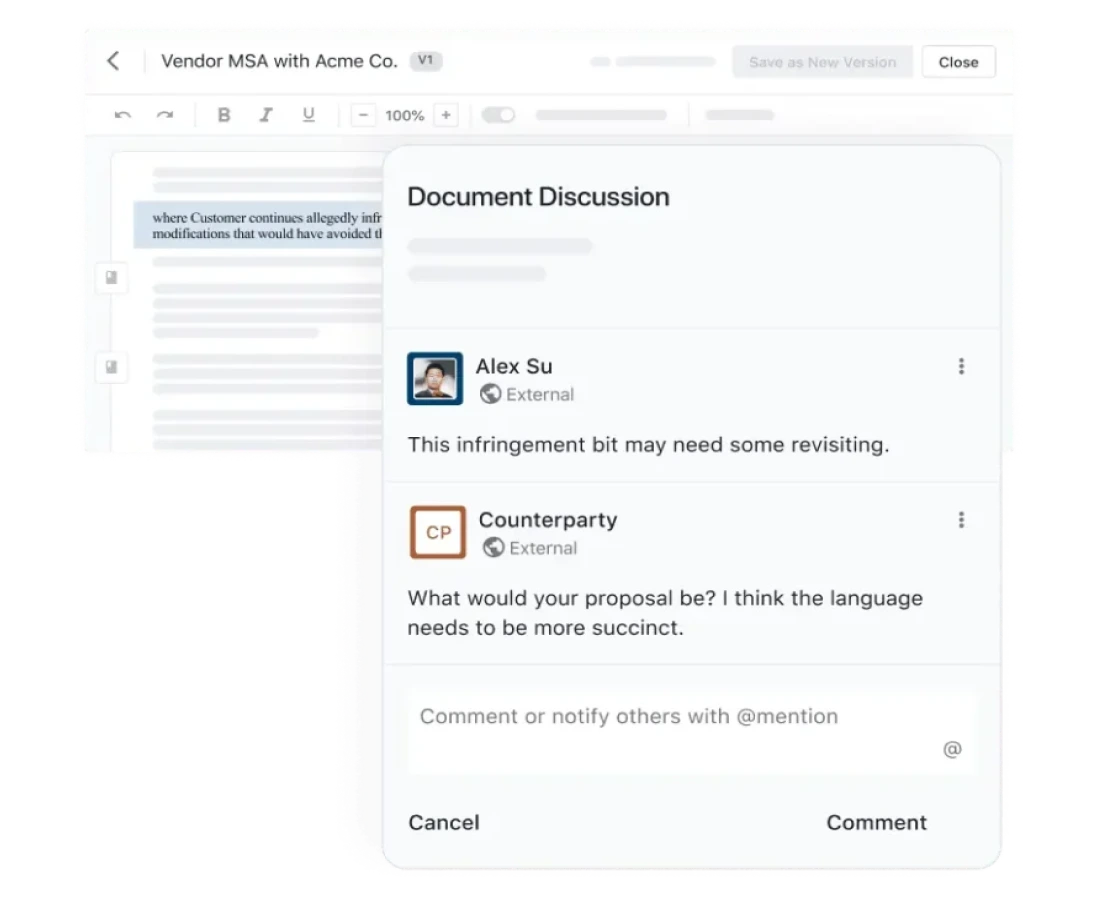A document editing interface shows a Document Discussion panel with comments from two users discussing revising language for clarity in a contract—a streamlined feature often sought in a PandaDoc alternative. The background displays blurred contract text.