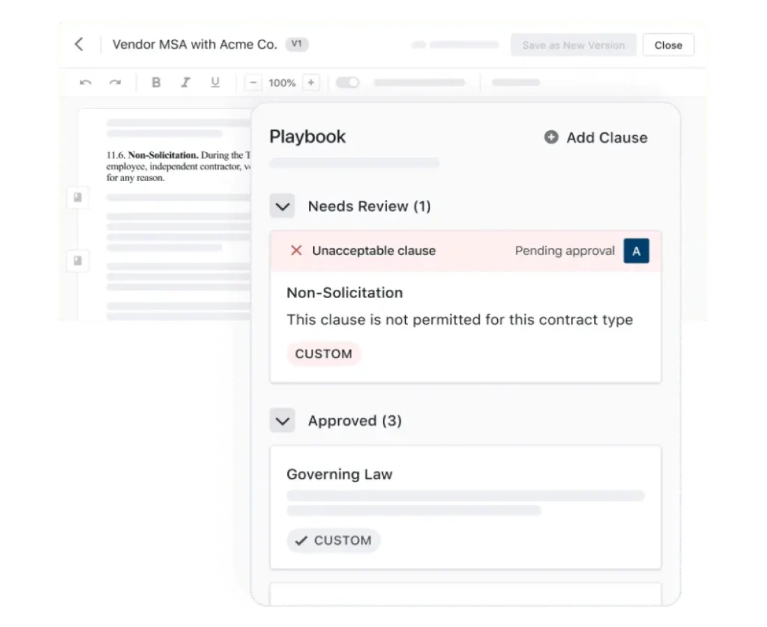 Screenshot of a contract review tool, a great PandaDoc alternative, highlighting the Needs Review tab with an Unacceptable alert for a Non-Solicitation clause pending approval. Other tabs shown are Approved and Governing Law.
