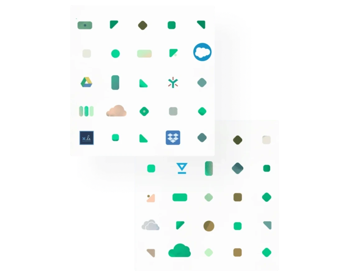 Overlapping grids of colorful abstract icons, including geometric shapes and cloud symbols, set against a white background. Some icons represent popular cloud and productivity services—perfect for showcasing a Pandadoc alternative.