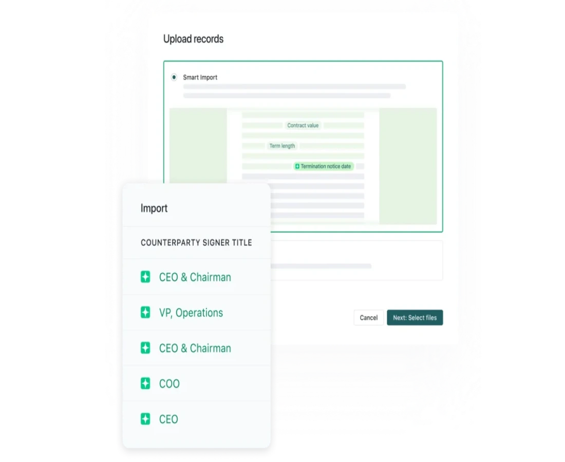 A digital interface shows an Upload records screen with a Smart Import progress bar—a streamlined conga alternative. A dropdown menu titled Import lists signer titles: CEO & Chairman, VP Operations, COO, and CEO. Options to cancel or select files are visible.