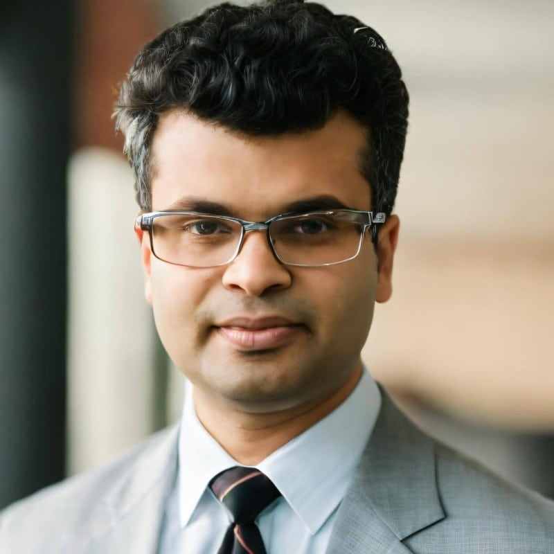 A man with short dark hair wearing glasses, a light gray suit, a white shirt, and a striped tie, standing in front of a blurred background.
