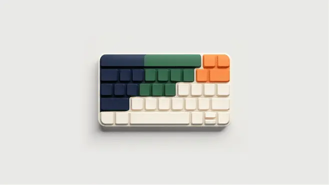 A compact keyboard with keycaps in dark blue, green, white, and orange, arranged in color blocks on a light gray background. This outlaw alternative features a minimalist design with no visible labels on its keys.