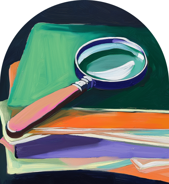 A painting-style image of a magnifying glass with a brown handle resting on a stack of colorful books, including green, orange, and purple covers, against a dark background.