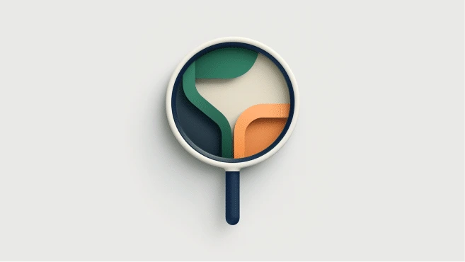 A magnifying glass with an abstract, layered design inside the lens, featuring green, orange, navy blue, and cream shapes on a light background—perfect for illustrating an Agiloft alternative with a creative touch.