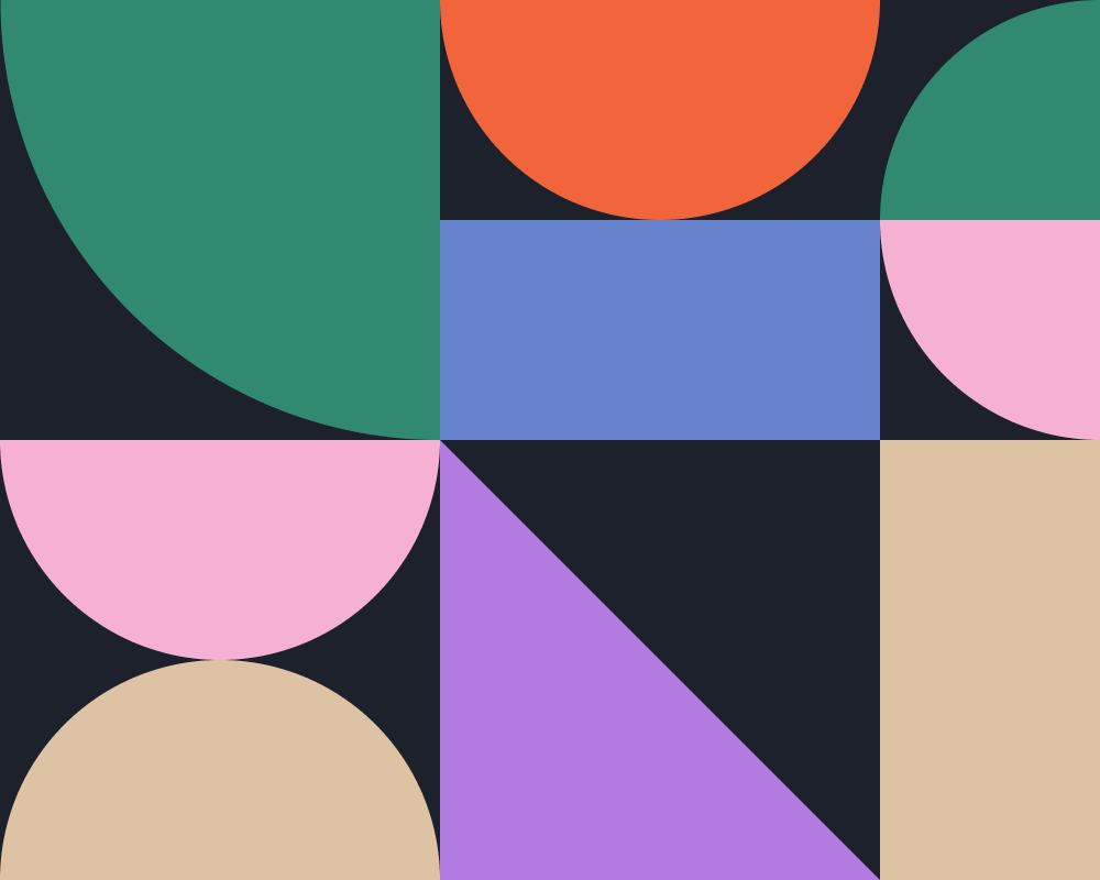 Abstract geometric pattern with various shapes and colors, including green, orange, pink, blue, purple, and beige semicircles, rectangles, and triangles on a dark background.