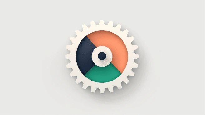 A white gear with a circular center, divided into three colored segments—dark blue, orange, and green—set against a light gray background, symbolizing a dynamic juro alternative.