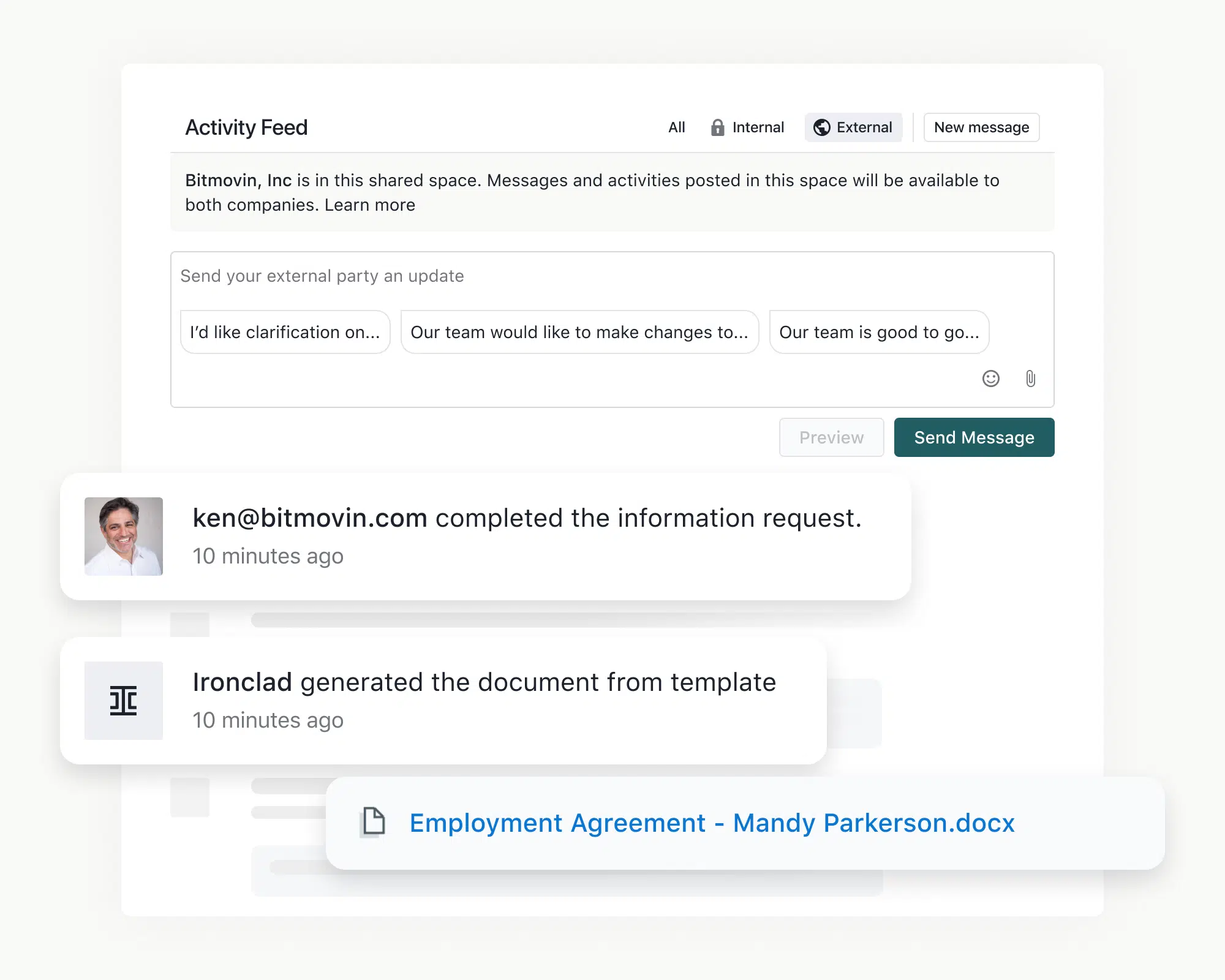 back and forth commentary from collaborators in the platform activity feed