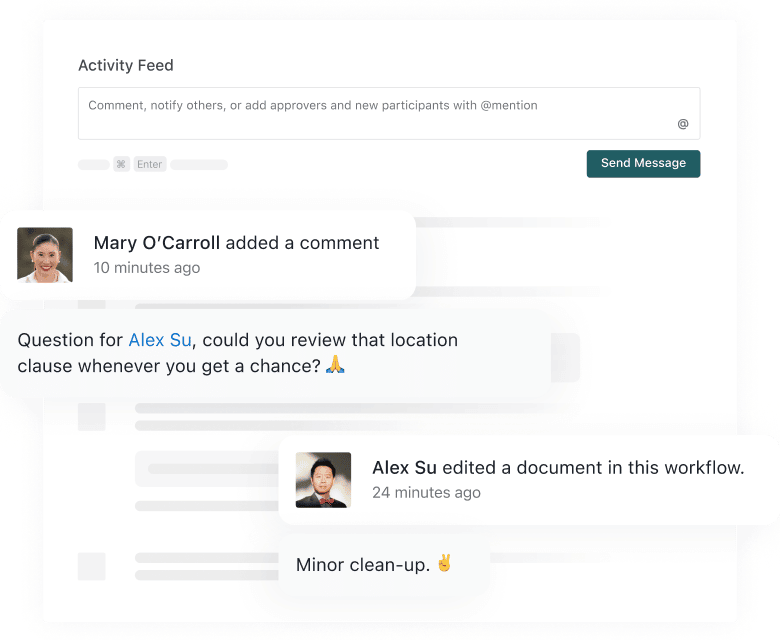 back and forth commentary from collaborators in the platform activity feed
