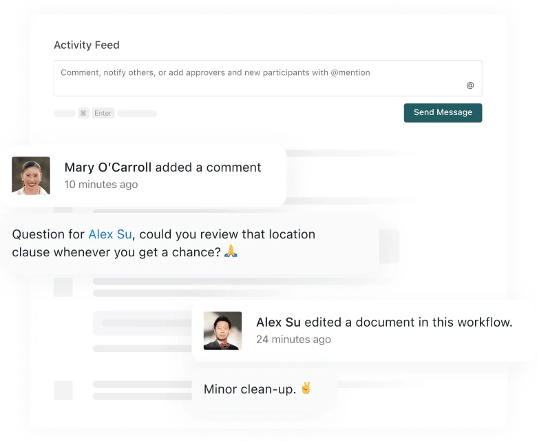 back and forth commentary from collaborators in the platform activity feed