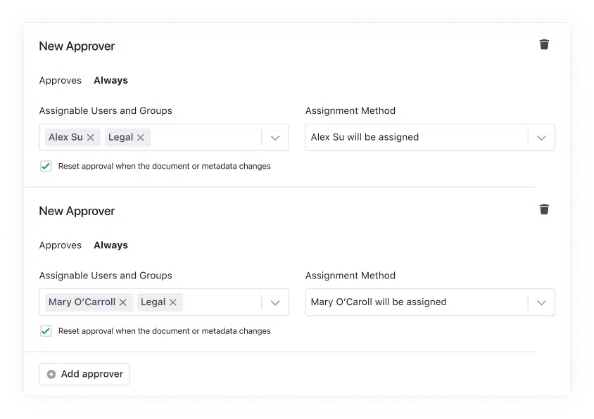 A form interface for assigning new approvers—an ideal Evisort alternative—shows Alex Su and Mary OCarroll from the Legal group, each with assignment methods, and options to reset approval or add more approvers.