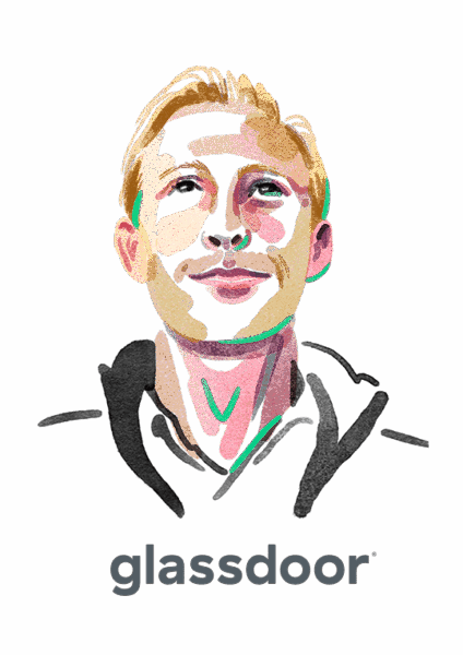 Illustrated portrait of a smiling person with light hair, wearing a jacket over a hoodie. Below the portrait is the glassdoor logo in lowercase gray letters. The background is plain white.