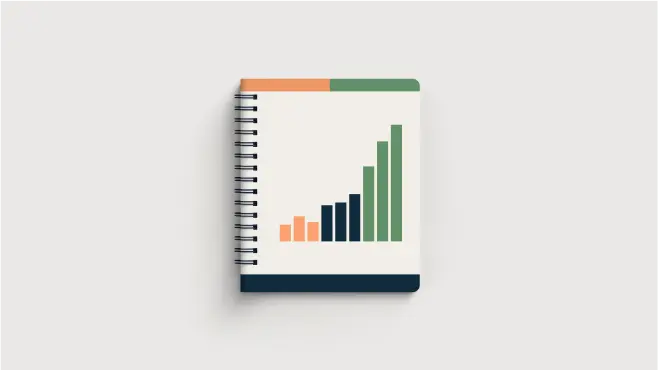 A spiral-bound notebook with a cover featuring a stylized bar graph in vibrant orange, green, and blue tones—an ideal gift for analysts or teams seeking a Linksquares alternative.