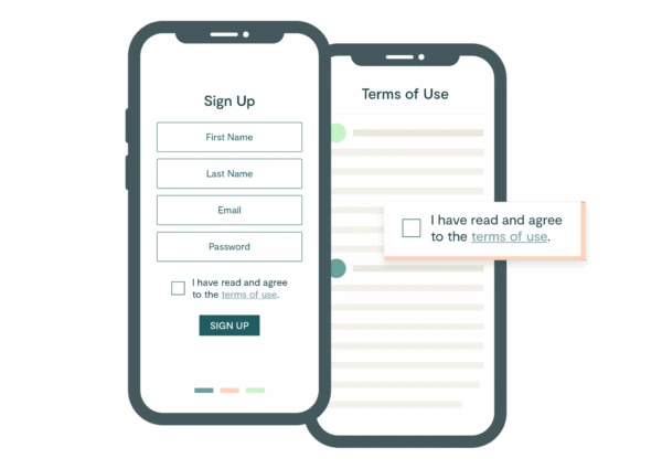 Two smartphone screens: One displays a sign-up form with fields for user details and a checkbox to agree to terms, while the other presents a “Terms of Use” document—ideal for those seeking a Juro alternative for simple agreements on mobile.